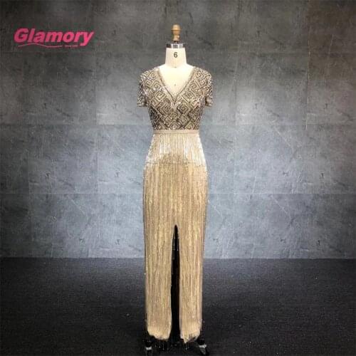 In Stock Luxury Beaded Tassels formal Evening Dresses Short Sleeve Front Slit Party Prom Dress Gown