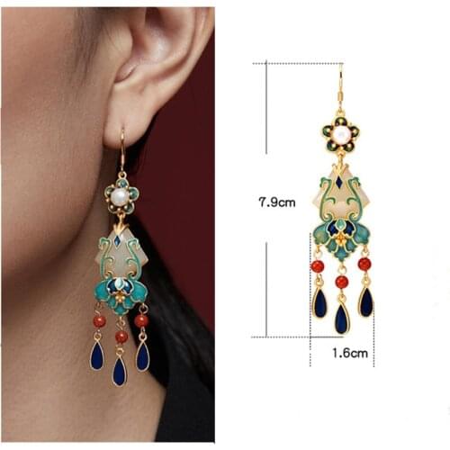 Ethnic Style Earring Silver 925 Women High-Quality Long Tassel Earrings Ancient Craftsmanship Color Jade Earrings Jewelry Female