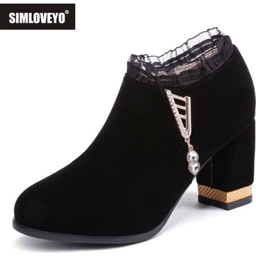 SIMLOVEYO High womens boots Flock Lace edge Rhinestone Flower High heels Solid Zippper Fashion Autumn New Comfortable S2412