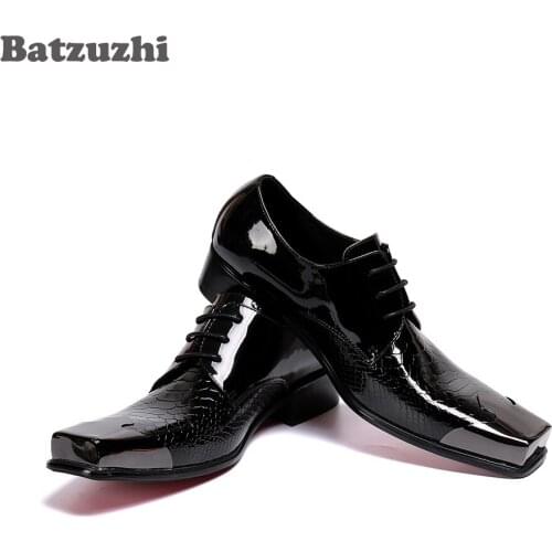 Batzuzhi Black Leather Dress Shoes Men Italian Type Mens Shoes Square Toe Lace-up Business Leather Shoes Formal, Big Size US12