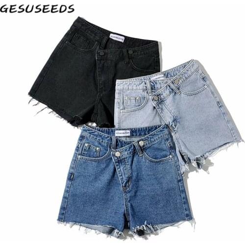 Vintage denim shorts women casual high waisted jeans harajuku blue jean shorts women summer tassel shorts black irregular 2021