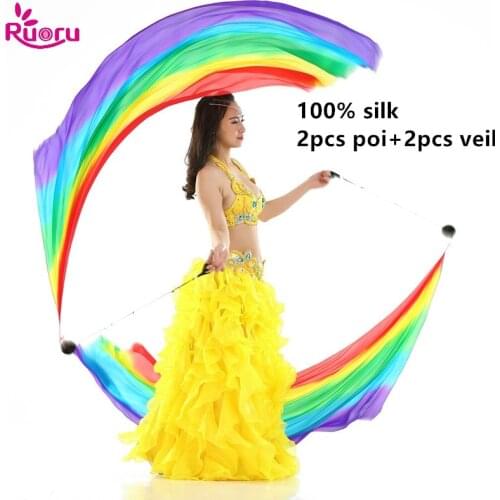 Ruoru 100% Silk 2pcs Silk Veil+2Pcs Poi Chain Ball Women Belly Dance Silk Veil Poi Streamer Stage Props Rainbow Color Gradient