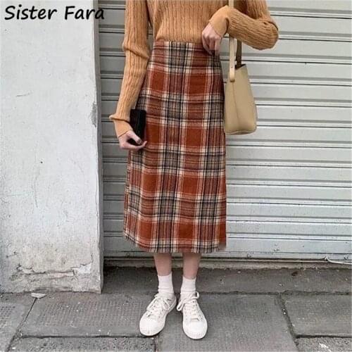 Sister Fara 2021 Autumn Winter Plaid Woolen Skirt Women High Waist Split Fork Wool Long Skirt Female Fashion Straight Midi Skirt