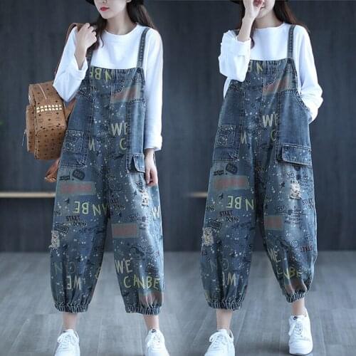 Women Casual Sleeveless Flower Print Denim Bib Pants High Quality Long Trousers Pants