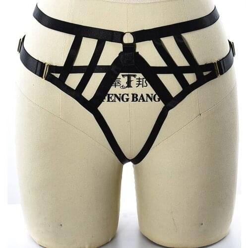 Women Black Harness Sexy G-string Elastic Bondage Hollow Body Cage Goth Lingerie Adjust Bottom Pantie Rave Wear Body Harness