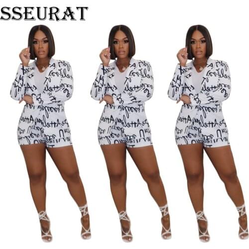 SSEURAT Women Set Print Full Sleeve V-neck Tops Stretchy Shorts Two 2 Piece Sets Office Lady Fashion Outfit Fall 2021