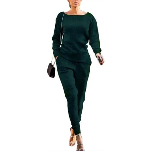 2Pcs Women Autumn Solid Color Ribbed O Neck Top Drawstring Pants Sport Tracksuit