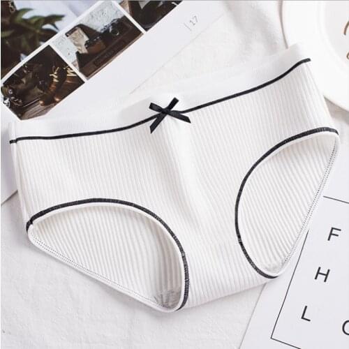 Womens Cotton Underwear Striped panties With Bow Breathable Sexy Mid-waist Lingerie Japanese Style Briefs Multiple Colors