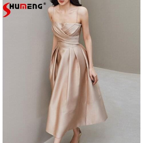 2021 Summer New Solid Color Strap Goddess Cross Pleated Dress High Waist Slim Fit Long Dress