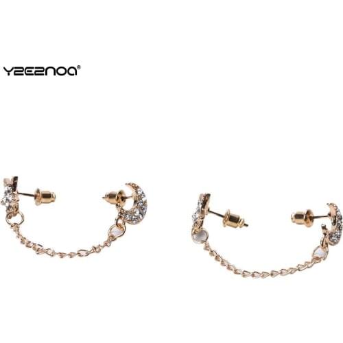 1 PC Moon Star Shaped Jewelry New Two Ear Holes Connection Stud Earrings Double Ear Hole Chain Piece Rhinestone