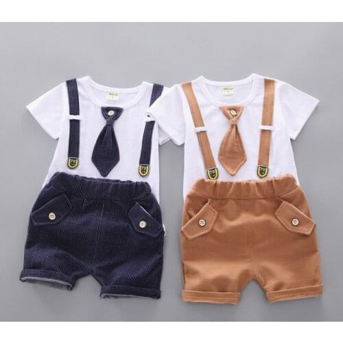 Children Boys Summer Clothing Set Fashion Getleman Tie Style Short Sleeve T-shirt+shorts 2pcs Kids Boys Party Cloes 1-4y