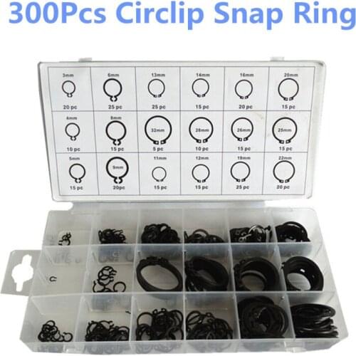 300Pcs Circlip Snap Ring C-Clip Assortment Car Kit 18 Sizes Black Retaining Ring