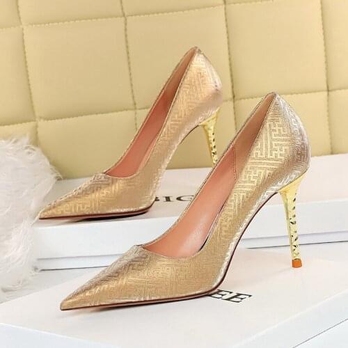 6189-2 Korean Fashion Banquet High Heels Metal Heels Thin Heels Sexy Nightclub Shine Womens Shoes Single Shoes