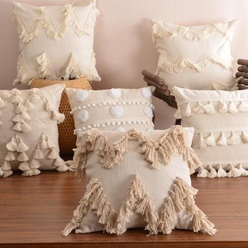 Beige Tassels Handmade Geometric Embroidery Cushion Cover Home Decor Pillow Cover 45x45cm Living Room PillowCase Pillow Sham