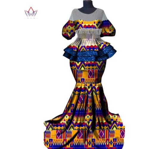 BRW African Dashiki Print Clothing Sets Two Pieces Short Sleeve Tops Skirts Set Plus Mermaid Maxi Dress Party Clothes WY7938