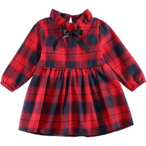 Baby Autumn Clothing, Plaid Stand-Collar Long-Sleeves High-Waist Dress with Back Zipper for Little Girls, 6 Months to 5 Years