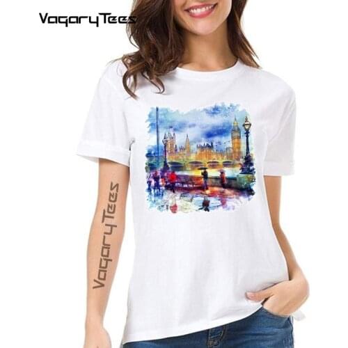 Europe famous city landmark cool t shirt women summer new white cool geek tshirt London Rain watercolor Print Female t-shirt