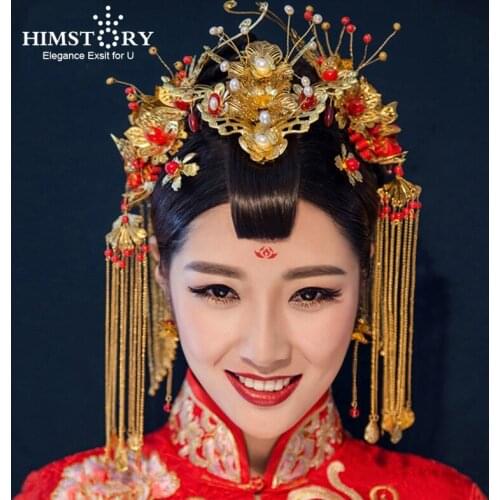 HIMSTORY 5pcs Chinese Traditional Hairwear Long Tassel Earrings Hairpins Wedding Bridal Bridesmaid Jewelry Accessories