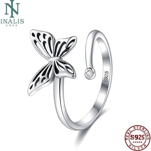 INALIS 925 Sterling Silver Jewelry Rings For Women & Girl Hollow Butterfly Zircon Openning Adjustable Ring Classic Accessories