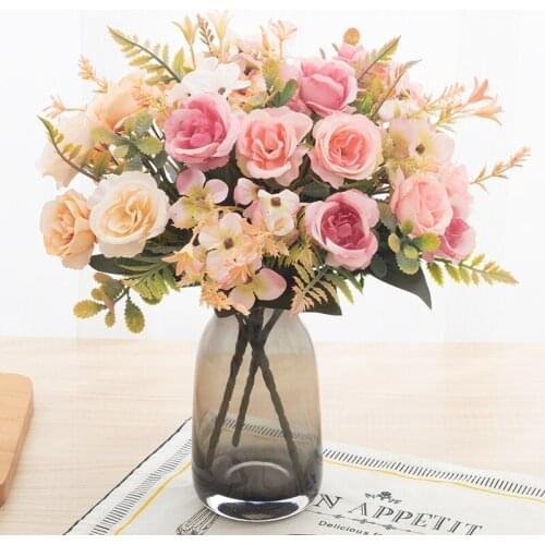 Artificial Simulation Flower Hydrangea Plastic Grass Rose Bouquet Wedding Photography Props Wedding Home Table Autumn Decoration