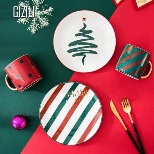 Nordic Ceramic Tableware Gold-plated Dish Bowl Coffee Mug Spoon/Fork/Knife Dishes and Plates Sets Christmas Decorations for Home