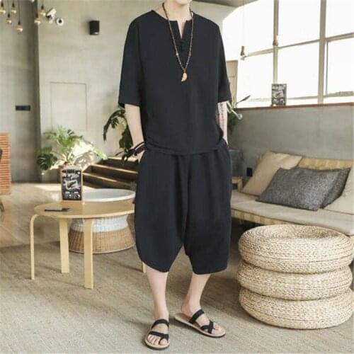 Fashion Sets Linen Short Set 2021 Summer Mens Cotton Linen Shorts Suit Sets Male Streetwear Chinese Style 2 Piece Sets