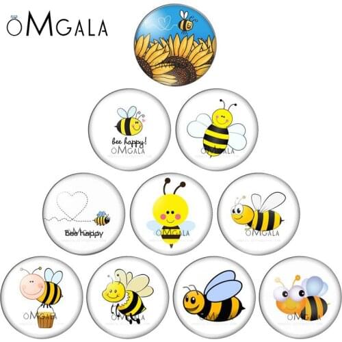 Cartoon Bees Be Happy Patterns Round photo glass cabochon demo flat back Making findings 10mm/12mm/18mm/20mm/25mm/30mm