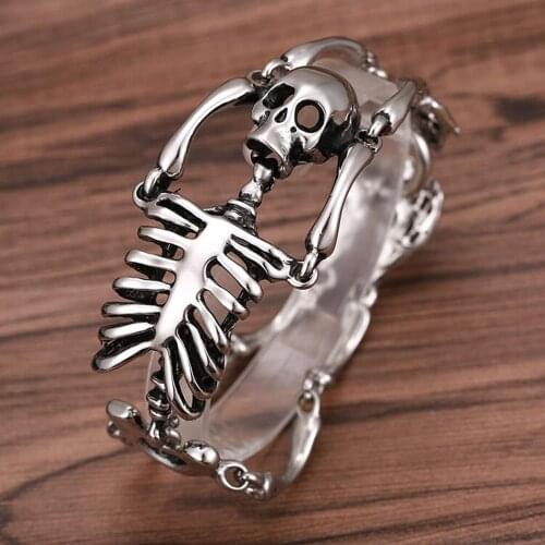 Hotsale Cool Stainless Steel Silver Color Hip-hop Skeleton Skull Biker Jewelry Mens Bracelet Cuff Bangle Punk Wristband 8.26"