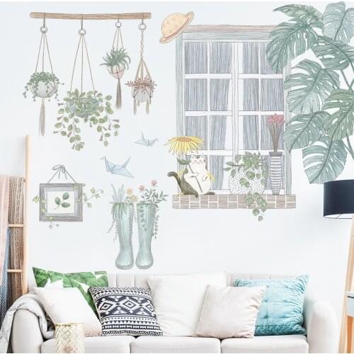 Small Cat Window Leaves Wall Stickers for Kids room Bedroom Eco-friendly Vinyl Wall Decals Art Home Decor Stickers for Wall