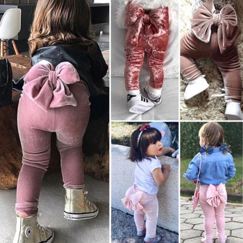 Fashion Toddler Kids Baby Girls Bowknot Bottoms Pleuche Cute Long Pants Leggings Autumn Clothes