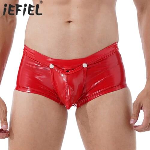 Men Wet Look Low Rise Bulge Pouch Boxer Briefs Solid Color Crotchless Lingerie Thongs Glossy Hallow Out Back Panties Underwear