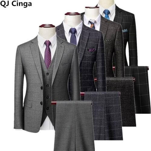 Gray Plaid 3 Piece Set Men Wedding Party Autumn/Winter Slim Fit Mens Blazer Coat and Pants Vest Size 4XL Gentleman Male Tuxedo
