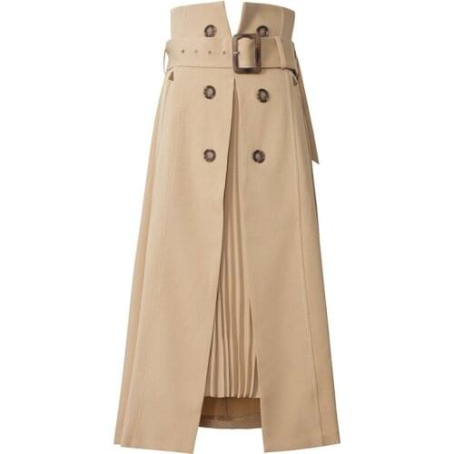 New Fashion Belted High Waist Pleated Patchwork Skirt OL Elegant Medium Long Skirt