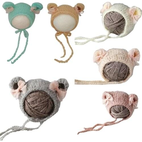 Newborn Photography Props Cute Crochet Mohair Hat Baby Bowknot Knitted Beanies Cap Infants Photo Shooting Accessories Gift G99C