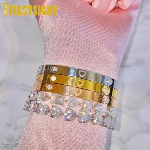 New Rose Gold Pink 5A CZ Heart Shape Bracelet Iced Out Bling Heart Tennis Chain Bracelets For Women Men Fashion Jewelry
