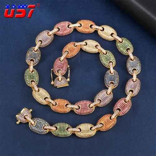 US7 Micro Paved CZ Coffee Beans Necklaces Mixed Gold Silver Color Charm Cuban Link Chain Necklaces For Women Men Hip Hop Jewelry