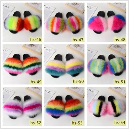 Fluffy Fur Slippers Women Real Fox Fur Slides Woman Summer Slippers Flat Furry Home Party Shoes Fashion Casual Fuzzy shoes FS001