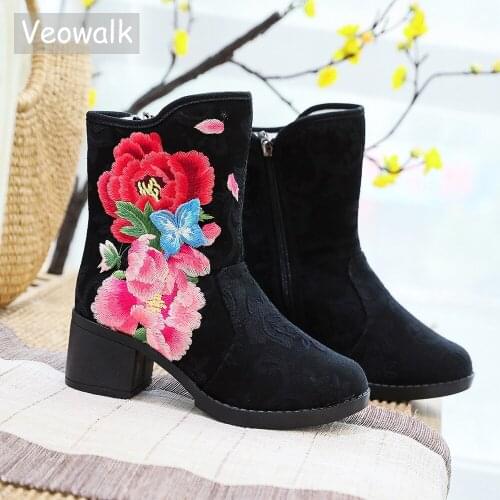 Veowalk Flower Embroiderd Women Jacquard Cotton Fabric Short Boots Autumn Retro Ladies Comfort Casual Chunky Heel Shoes