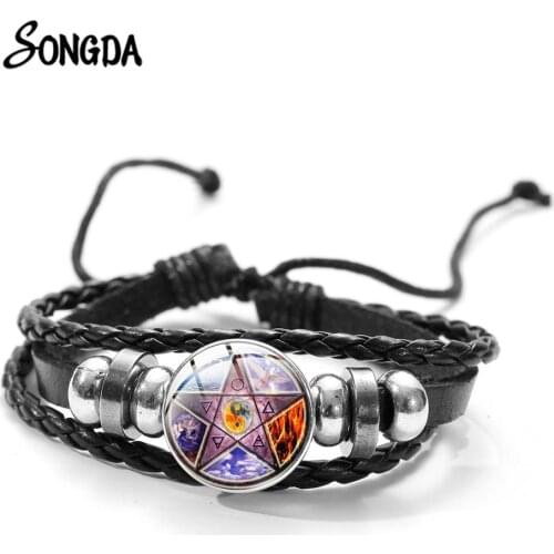 Vintage Pentagram Pentacle Yin Yang Bracelet Pagan Wicca Runic Owl Five-Pointed Star Glass Snap Leather Bracelets for Women Men