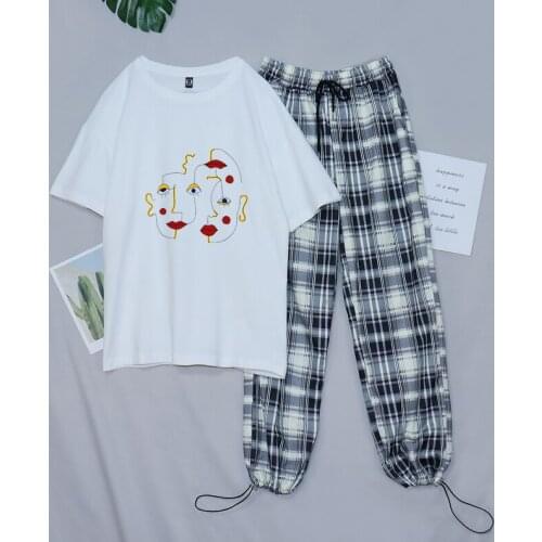 High Waist Trouser Suit Female Sports Suits for Women 2 Piece Straight-leg Pants Pants Female Cool Arthoe Short Sleeve T-shirt