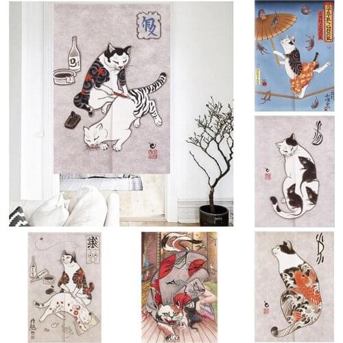 Japanese Tattoo Cat Cloth Half Curtain Bedroom Door Curtain Geomantic Partition Curtain Home Decoration Doorway Hanging Curtain