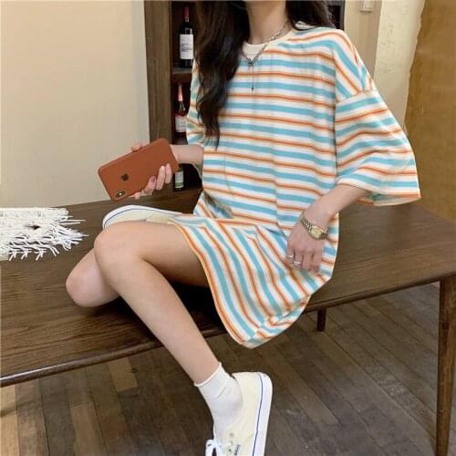 2021 Summer Women Oversized T-shirt Striped Long Tops Short Sleeve Tees Shirt Femme O-neck Plus Size Loose Top