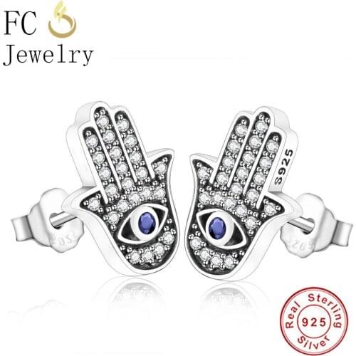 FC Jewelry 925 Sterling Silver Simple Minimalist Fatima Hand Palm Blue Evil Eye Zirconia Crystal Stud Earrings For Women Brinco