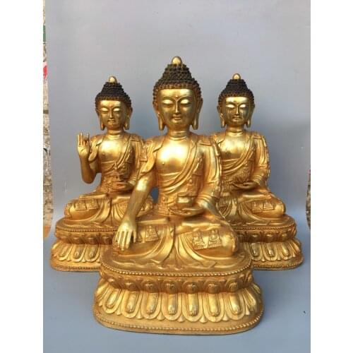 16" Tibet Buddhism Temple Old Bronze Gilt Three Treasure Buddha Statue Sakyamuni Medicine Buddha Amitabha set Enshrine the Buddh