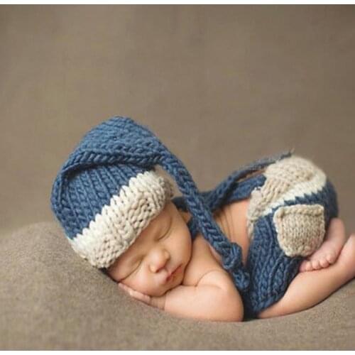 Baby Photo Costume Clothes Newborn Girls Boys Photography Prop Crochet Knit Overall Bib Pants + Hat 2pcs Sets Blue Outfit