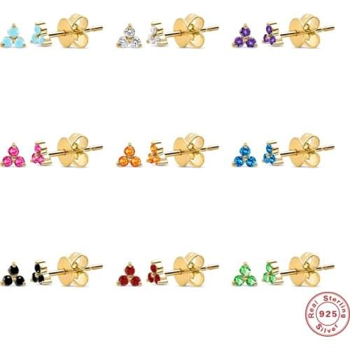 GS 925 Sterling Silver Colorful Three Zircon Stud Earrings For Girls Women Flower Piercing Pendientes Luxury Fine Jewelry Gift