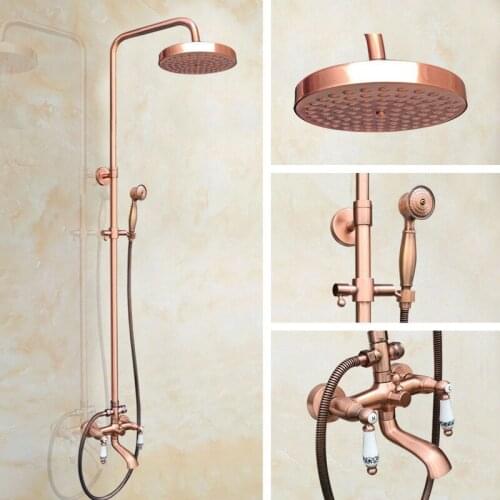 Antique Red Copper Brass Bathroom Shower Faucet Set Bathtub Shower Faucet Bath Shower Tap Rainfall Shower Head arg542