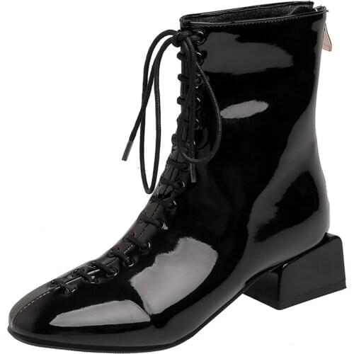 Patent Leather Round Head Square Heel Ankle Boots Back Zipper Flat Round Toe Snake Print T-Tied Rider Boots Winter Womens Shoes