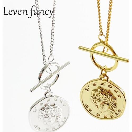 925 Silver Irregular Round Disk Carved Gold Coin Portrait Pendant Necklace Medallion Curb Chain Valentine Jewelry for Women Girl