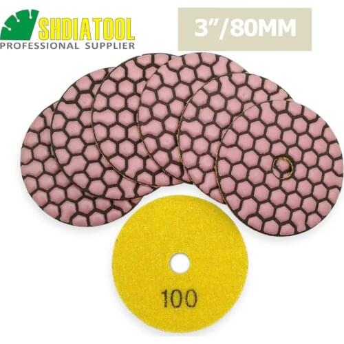 SHDIATOOL 7pcs 3"/80mm grit #100 Diamond Dry Polishing Pad Granite & Marble, Sanding Disc For Stone Without water polisher pad